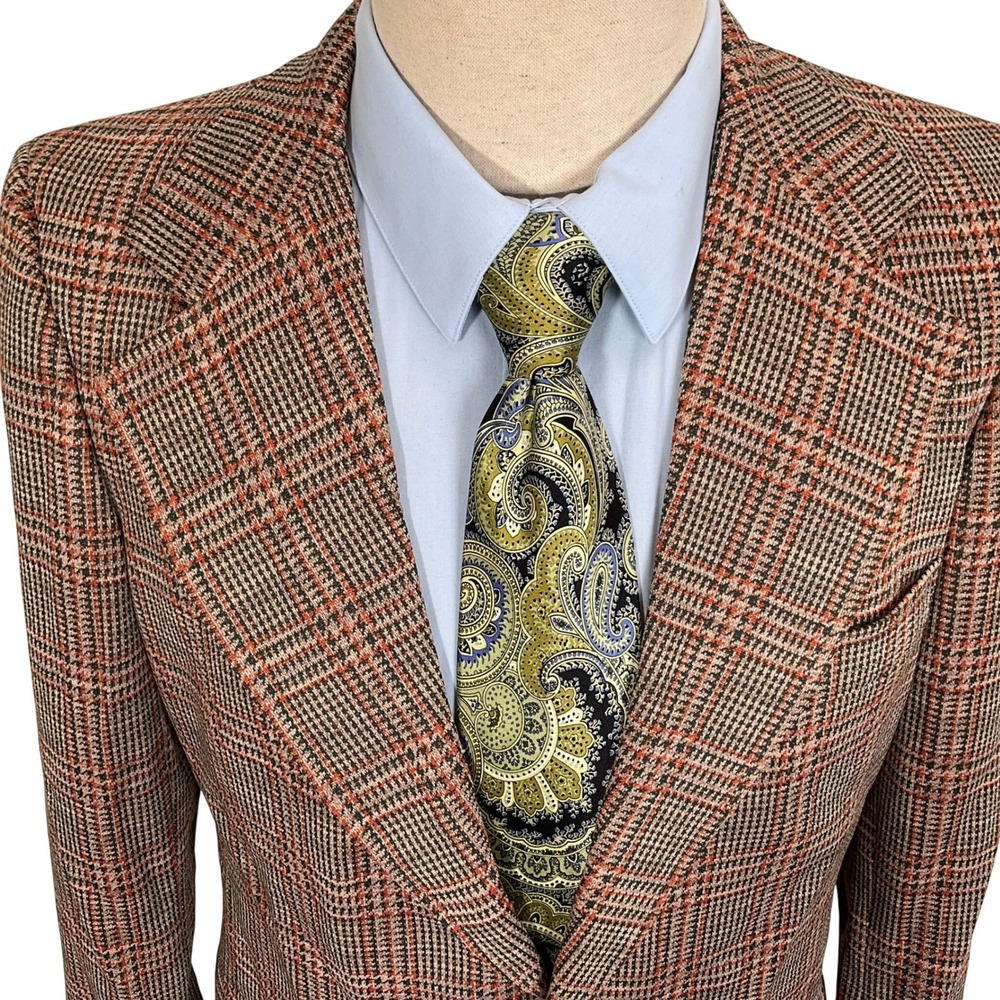 Vintage 70s Curlee Blazer Mens‎ 38R Tan Orange Green Houndstooth Plaid Classic
